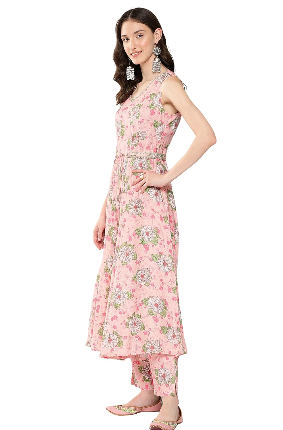 Janasya Women's Peach Moss Digital Floral Printed Kurta with Pant and Dupatta and Waist Tie-Up