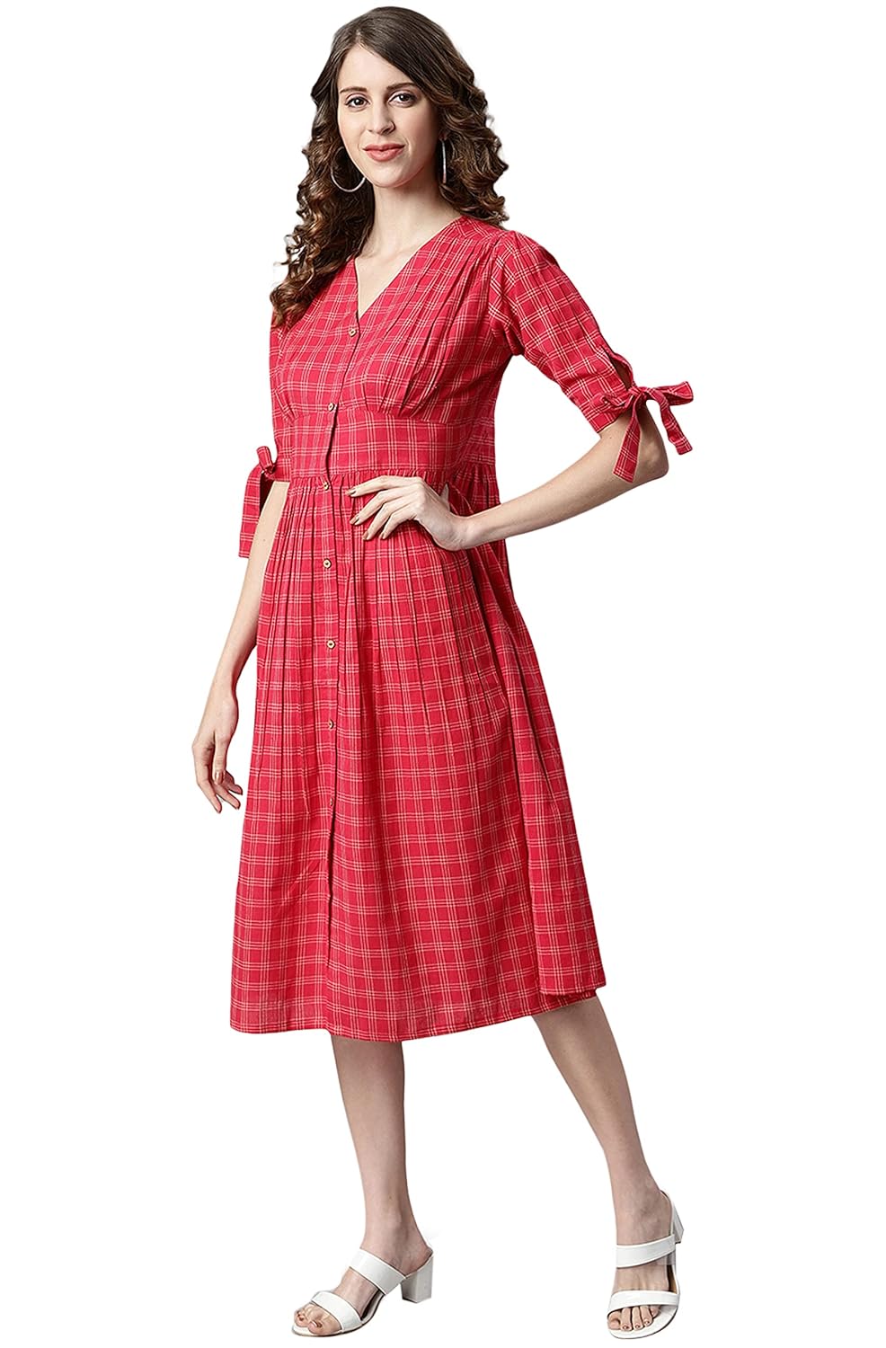 Janasya Women's Red Cotton Western Dress