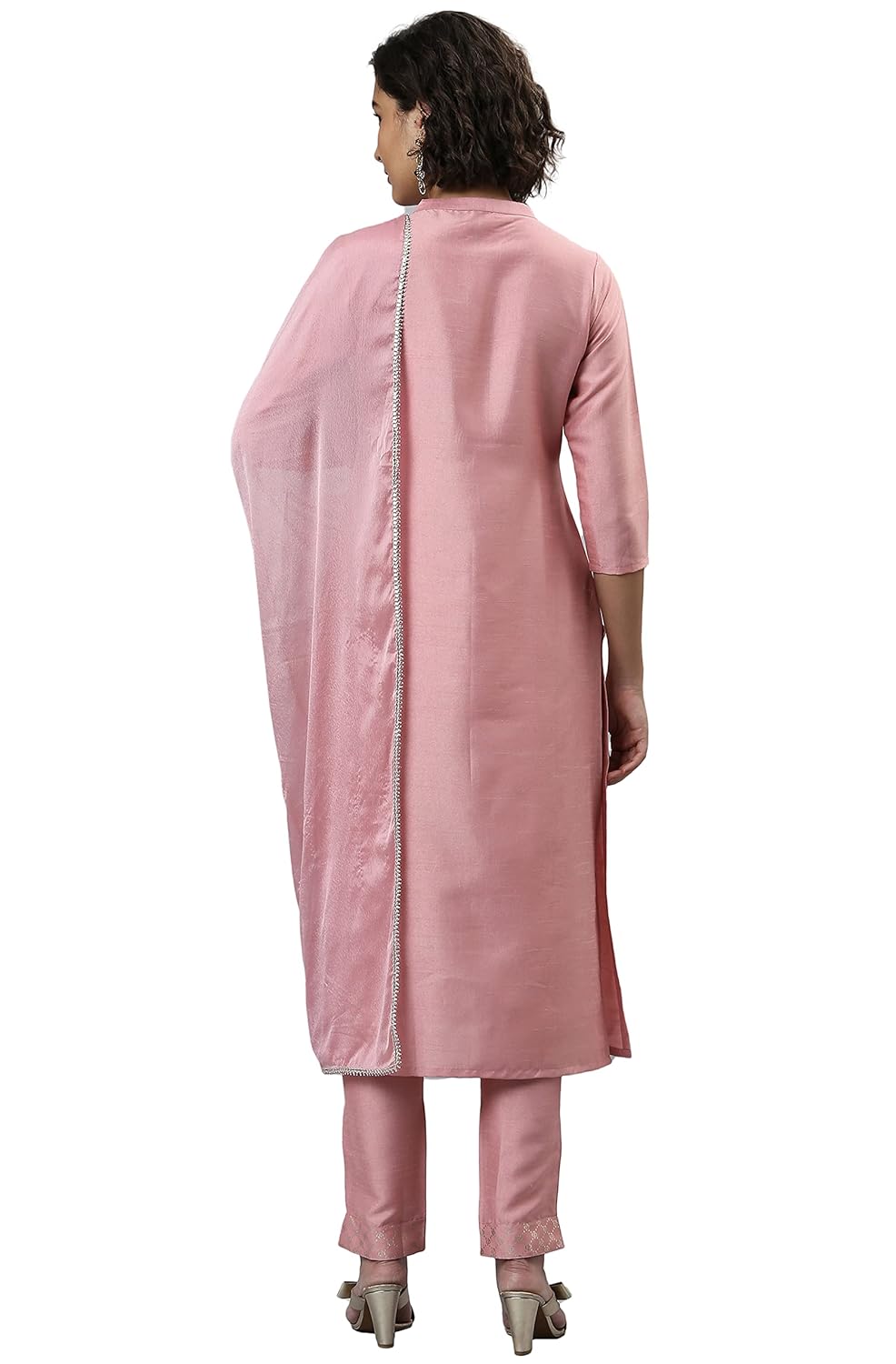 Janasya Women's Pink Poly Silk Floral Print Kurta with Pant and Dupatta