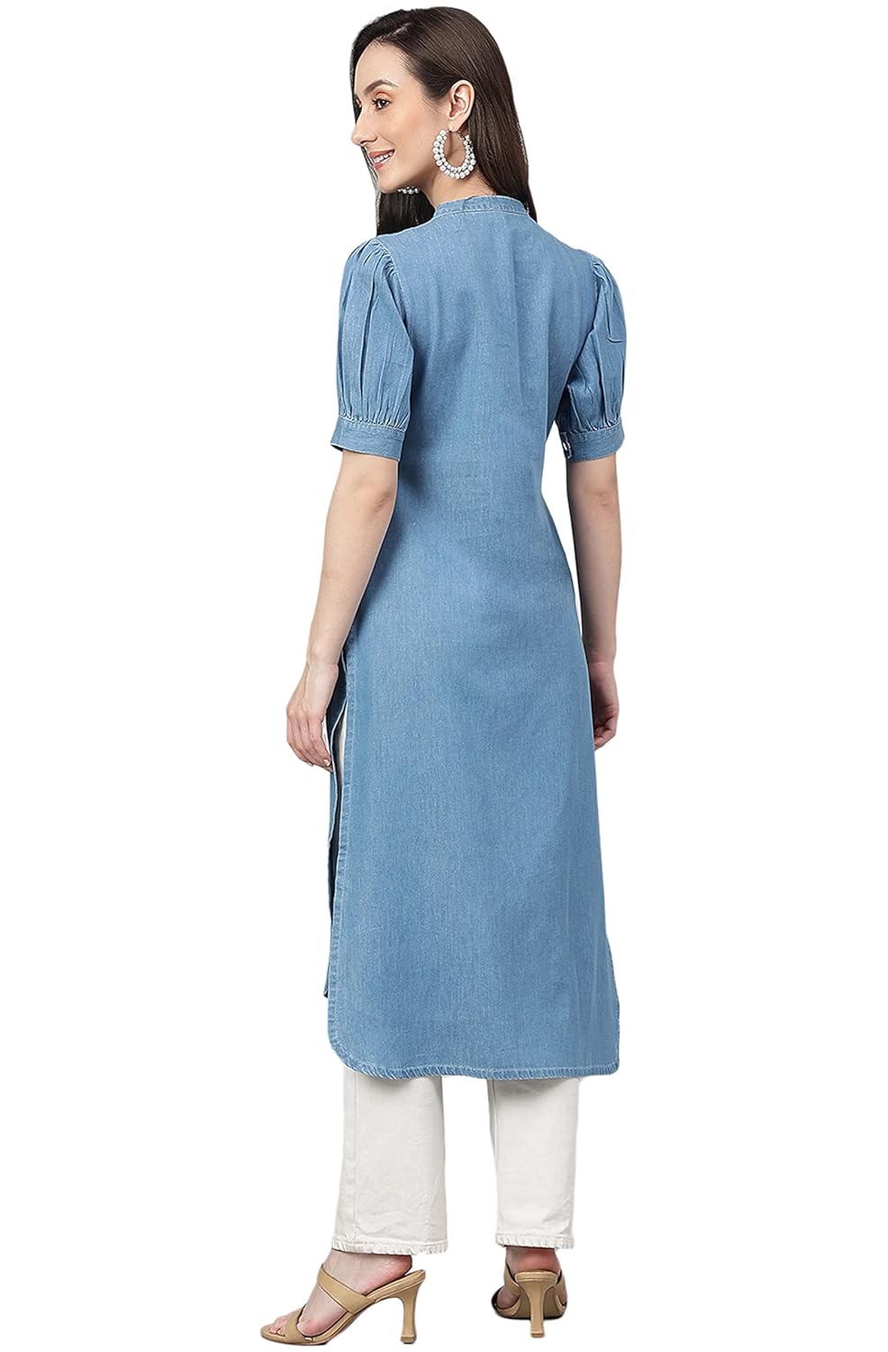 Janasya Women's Light Blue Denim Solid High Low Kurta