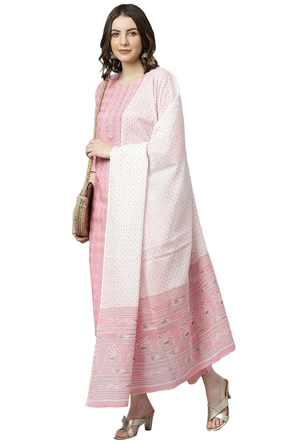 Janasya Women's Light Pink Cotton Kurta with Pant and Dupatta