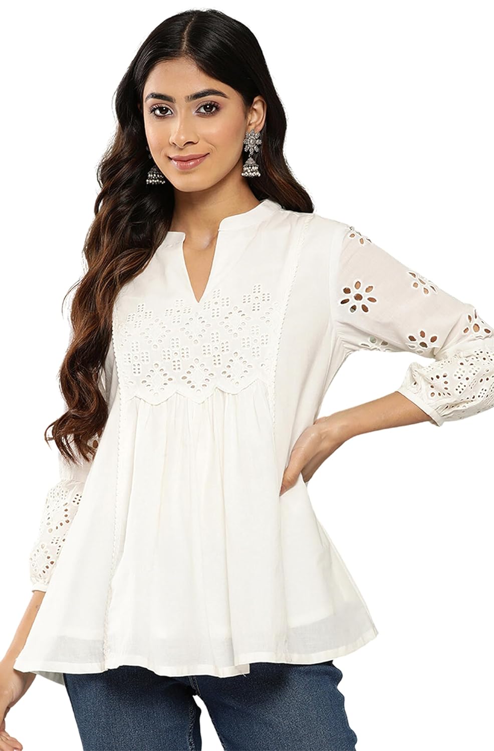 Janasya Women's White Cotton Schiffli A-Line Top