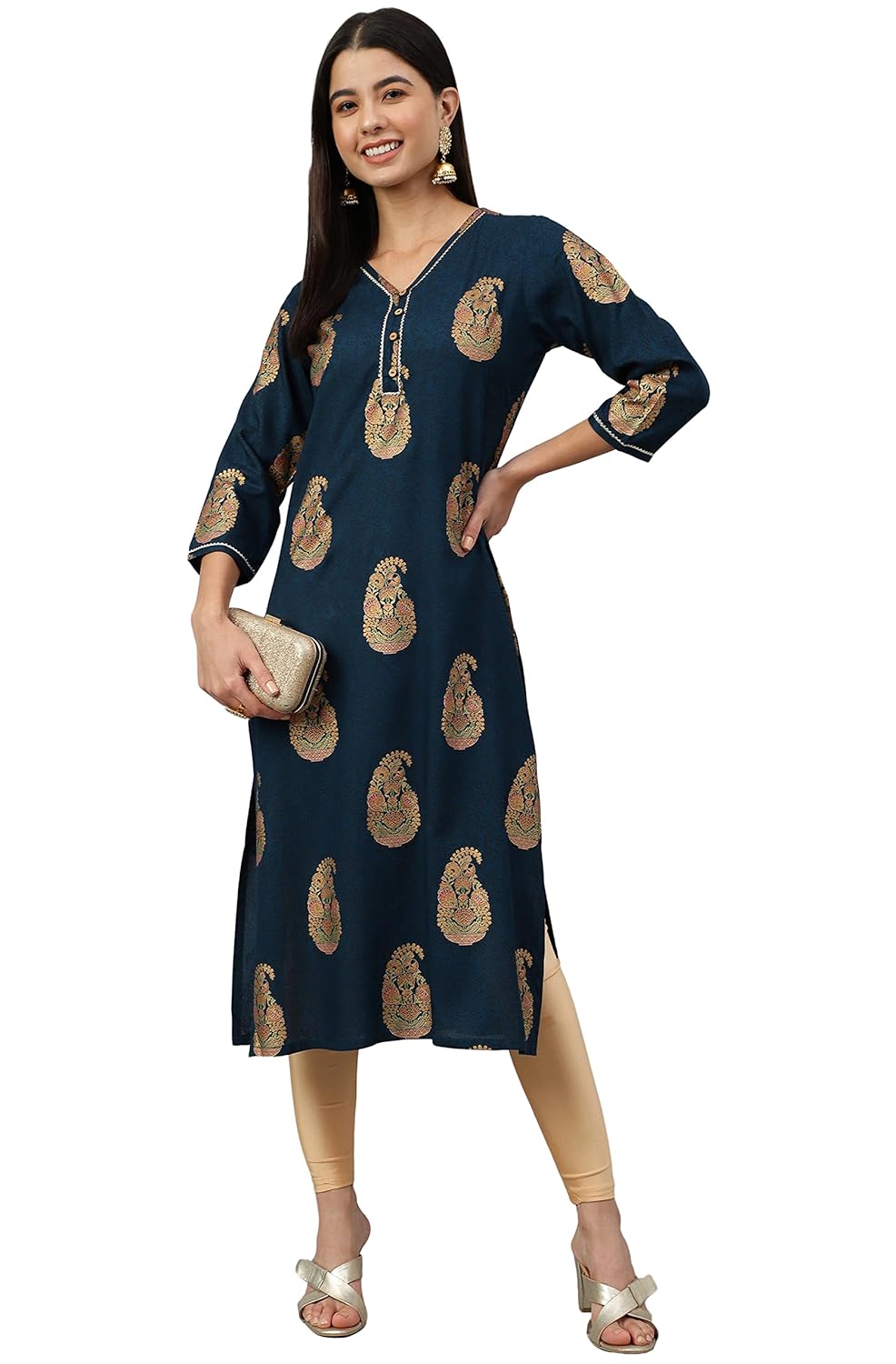 Janasya Women's Teal Blue Rayon Paisley Foil Print Straight Kurta