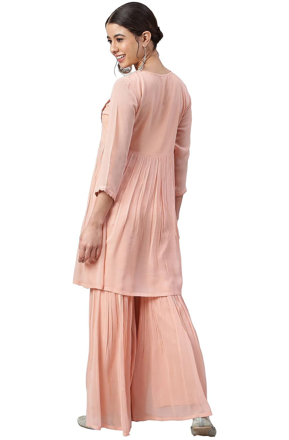 Janasya Women's Peach Georgette Thread Work Kurta with Sharara