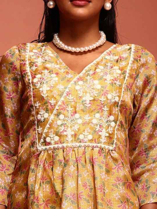IMARA Floral Printed V-Neck Thread Work Kurta with Trousers