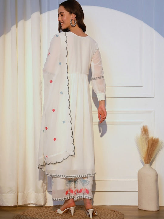 Mitera Women Floral Embroidered Regular Thread Work Kurta with Palazzos & With Dupatta