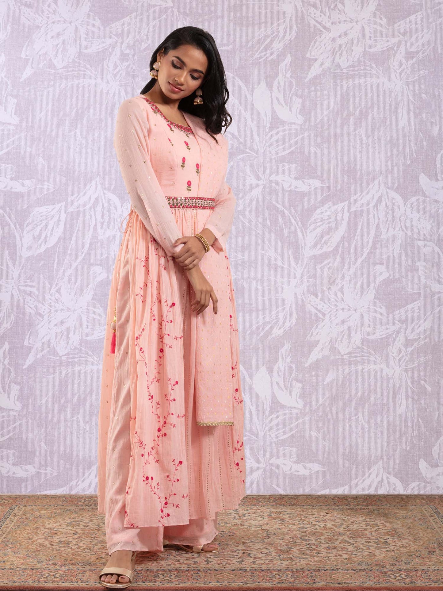 Likha Filigree Pink Mirror Work Kurta, Palazzo, Dupatta & Belt LIKSKD113 (Set of 4)