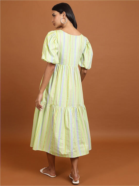 Vishudh Lime Green Striped Puff Sleeves Cotton Fit and Flare Midi Dress