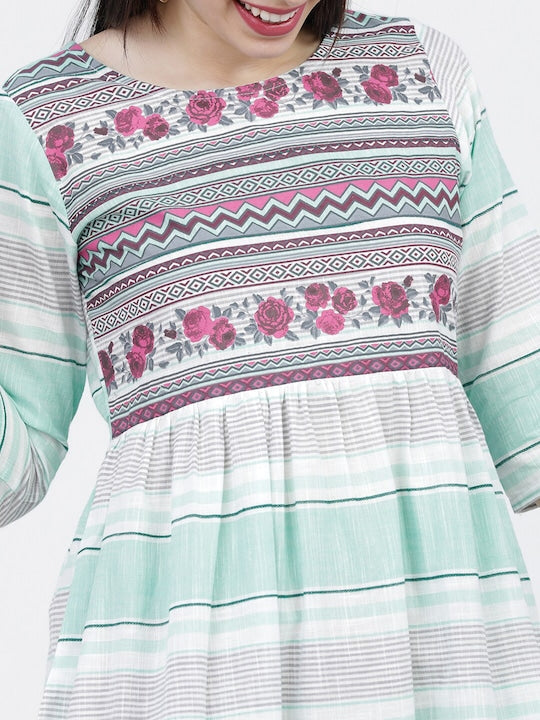 Vishudh Cream-Coloured & Blue Striped A-Line Midi Dress