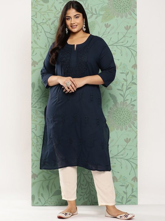 Yufta Plus Size Floral Embroidered Chikankari Indigo Pure Cotton Kurta