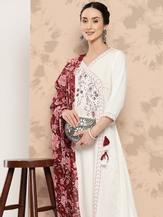 Yufta Women White Embroidered Angrakha Thread Work Kurta with Salwar & With Dupatta