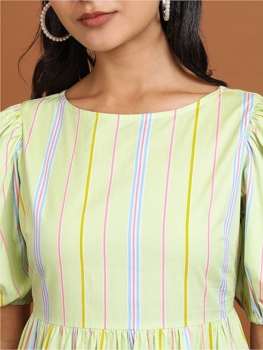 Vishudh Lime Green Striped Puff Sleeves Cotton Fit and Flare Midi Dress