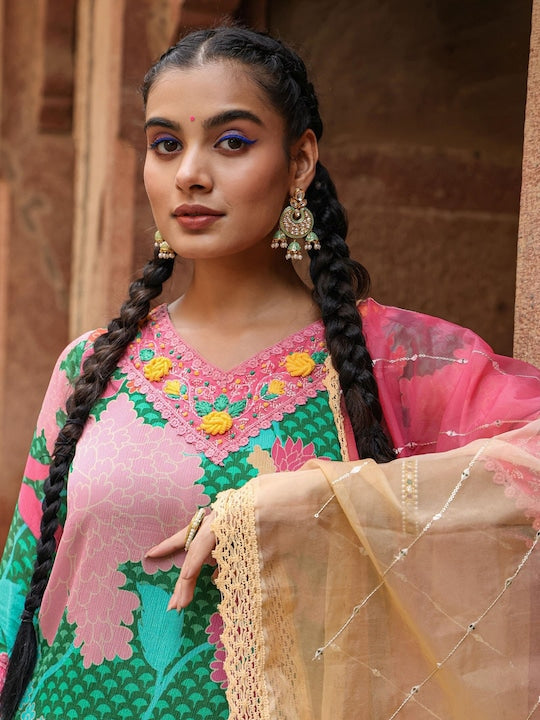 Scakhi Floral Digital Printed Thread Work Chinon Silk Kurta with Trousers & Dupatta