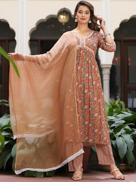 Singni Ethnic Motifs Embroidered V-Neck Three-Quarter Sleeves Anarkali Kurta Set