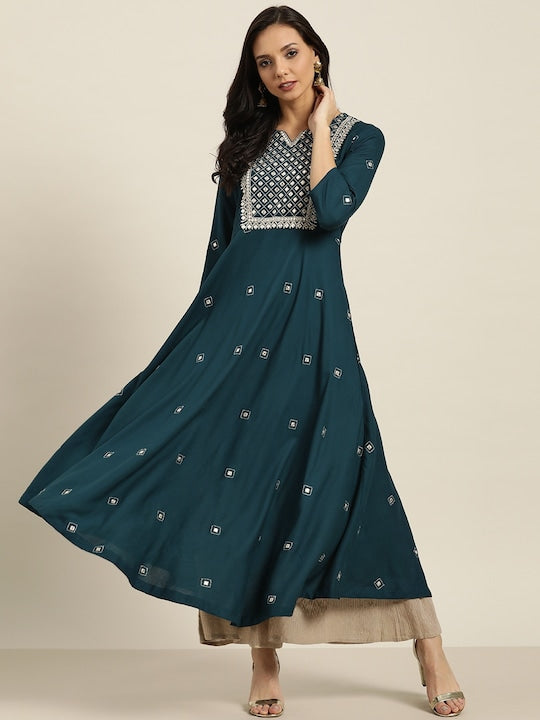 Sangria Women Navy Blue & White Mirror Work Anarkali Kurta