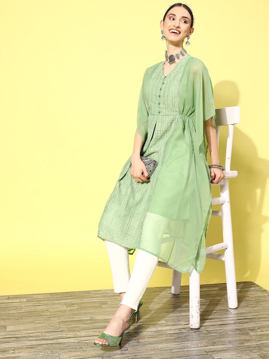 Juniper Women Flared Sleeves Gotta Patti Georgette Kaftan Kurta