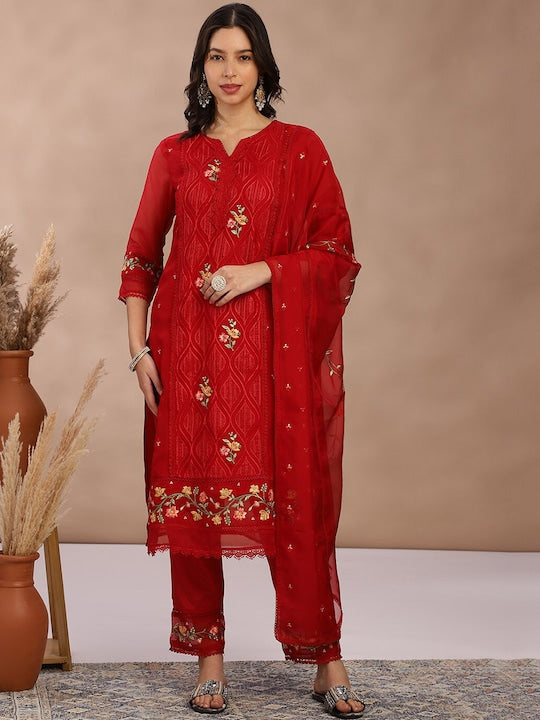 Fabmora Women Embroidered Regular Thread Work Kurta with Trousers & With Dupatta