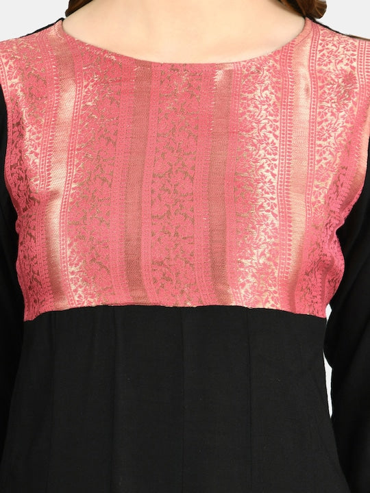 Myshka Women Black & Peach-Coloured Colourblocked Cotton Anarkali Kurta