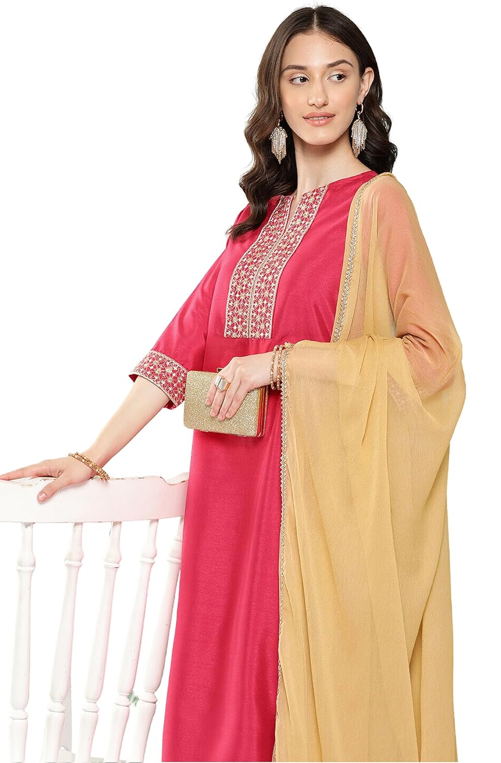 Janasya Women's Pink Crepe Silk Embroidered Kurta with Pant and Dupatta