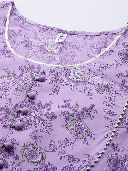 Yufta Floral Printed Gotta Patti Pure Cotton Kurta With Trousers & Dupatta