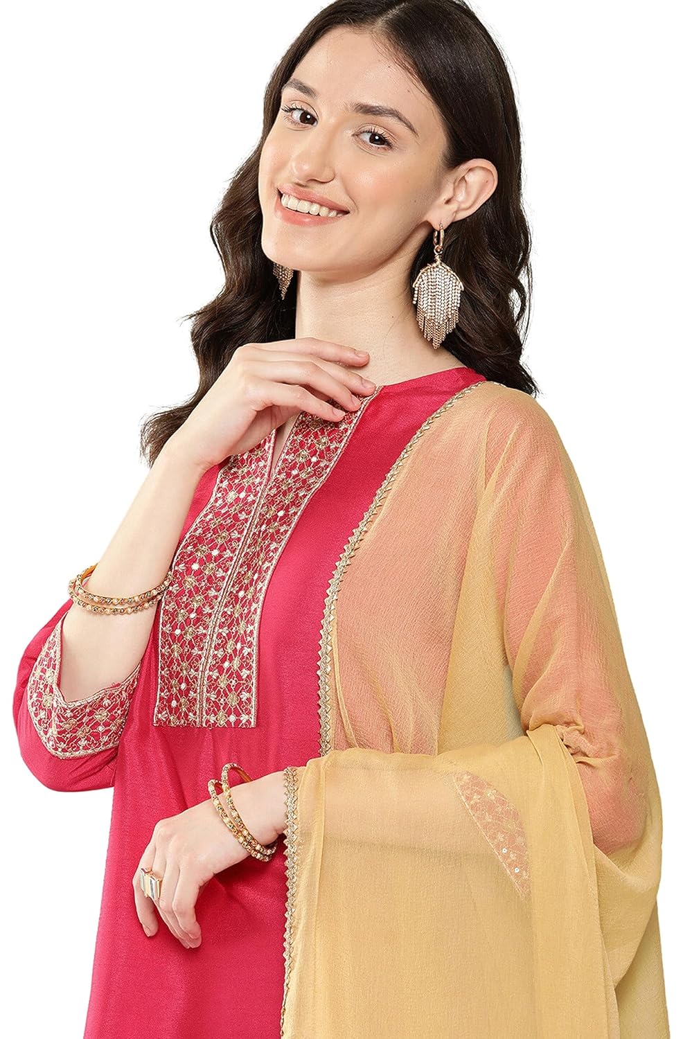 Janasya Women's Pink Crepe Silk Embroidered Kurta with Pant and Dupatta