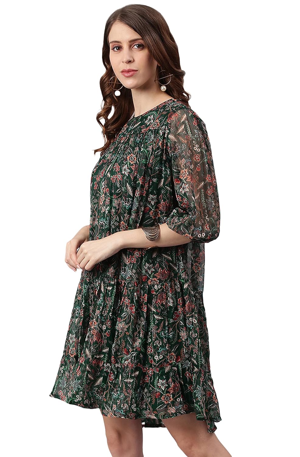 Janasya Women's Green Poly Georgette Floral Flared Midi Dress