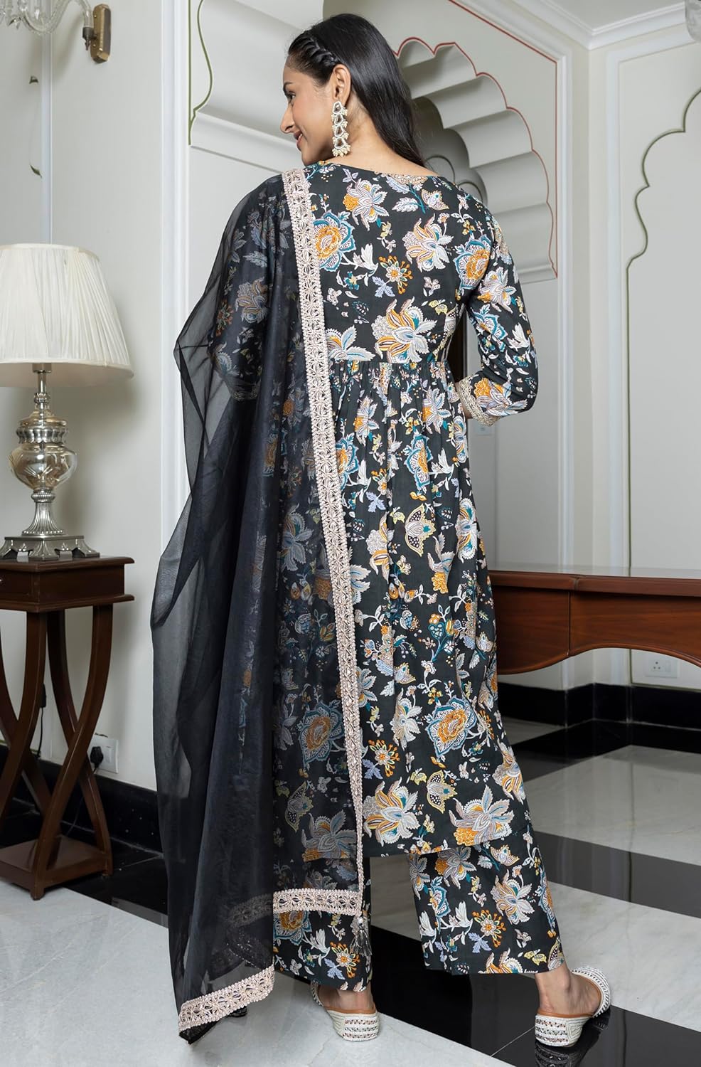 Janasya Women's Black Cotton Embellished Kurta with Palazzo and Dupatta