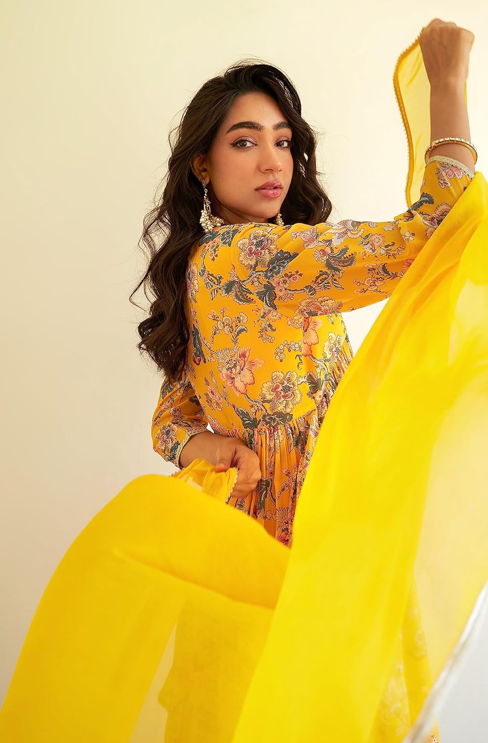 Janasya Women's Georgette Digital Floral Printed Embellished Kurta Set Yellow
