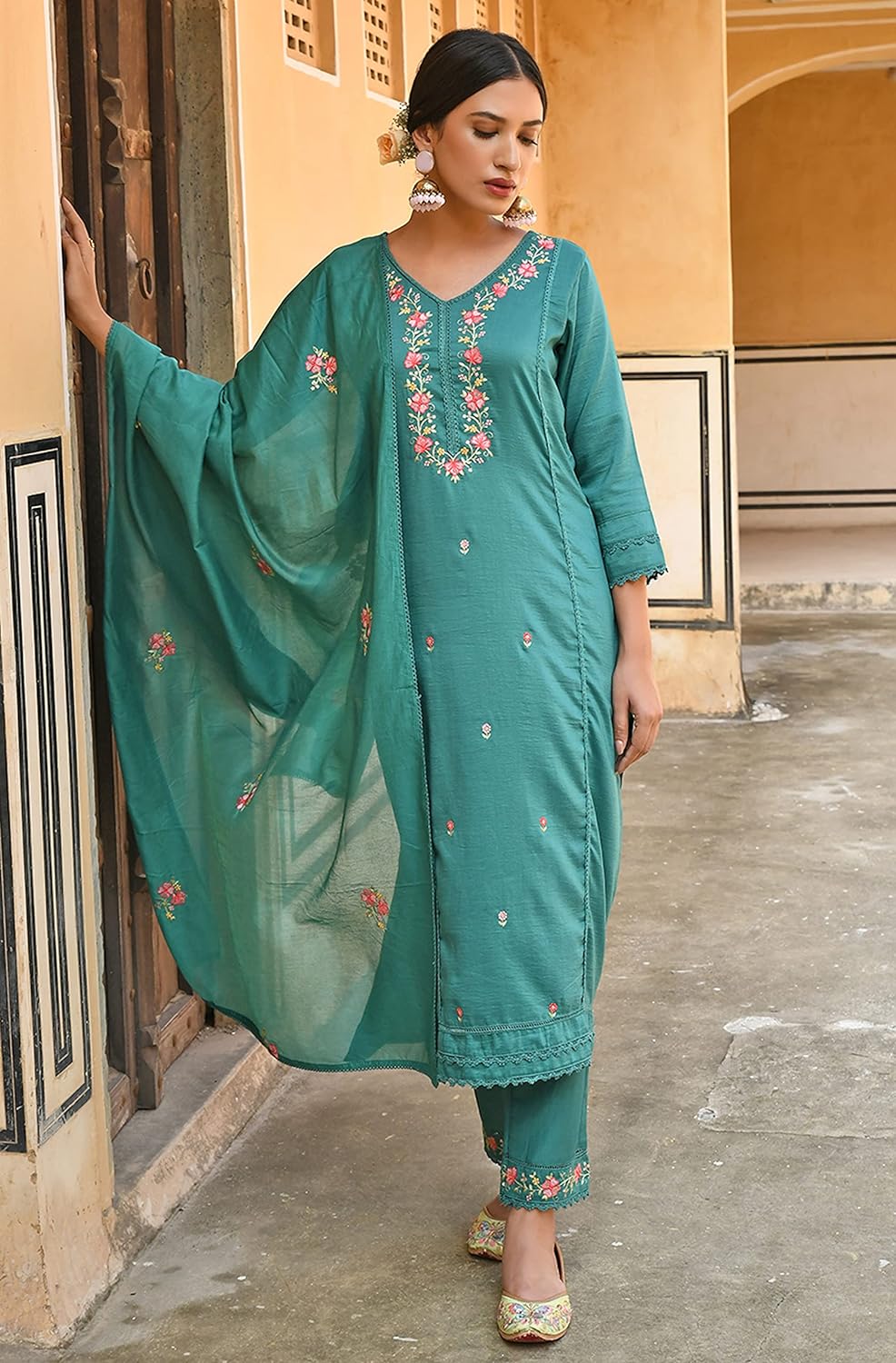 Janasya Women's Green Poly Silk Floral Embroidered Kurta with Pant and Dupatta