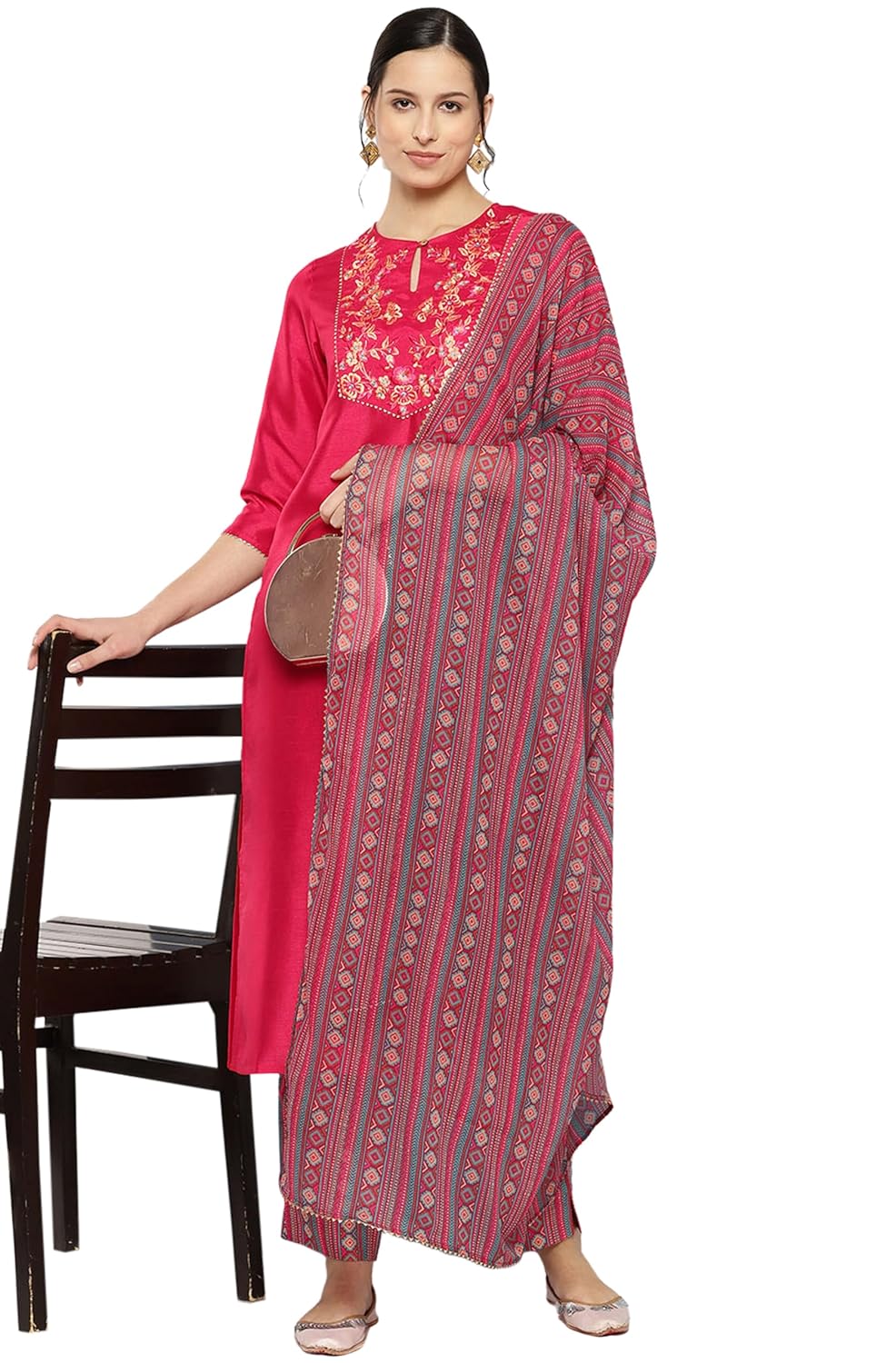 Janasya Women's Pink Crepe Silk Yoke Embroidered Solid Kurta with Pant and Dupatta