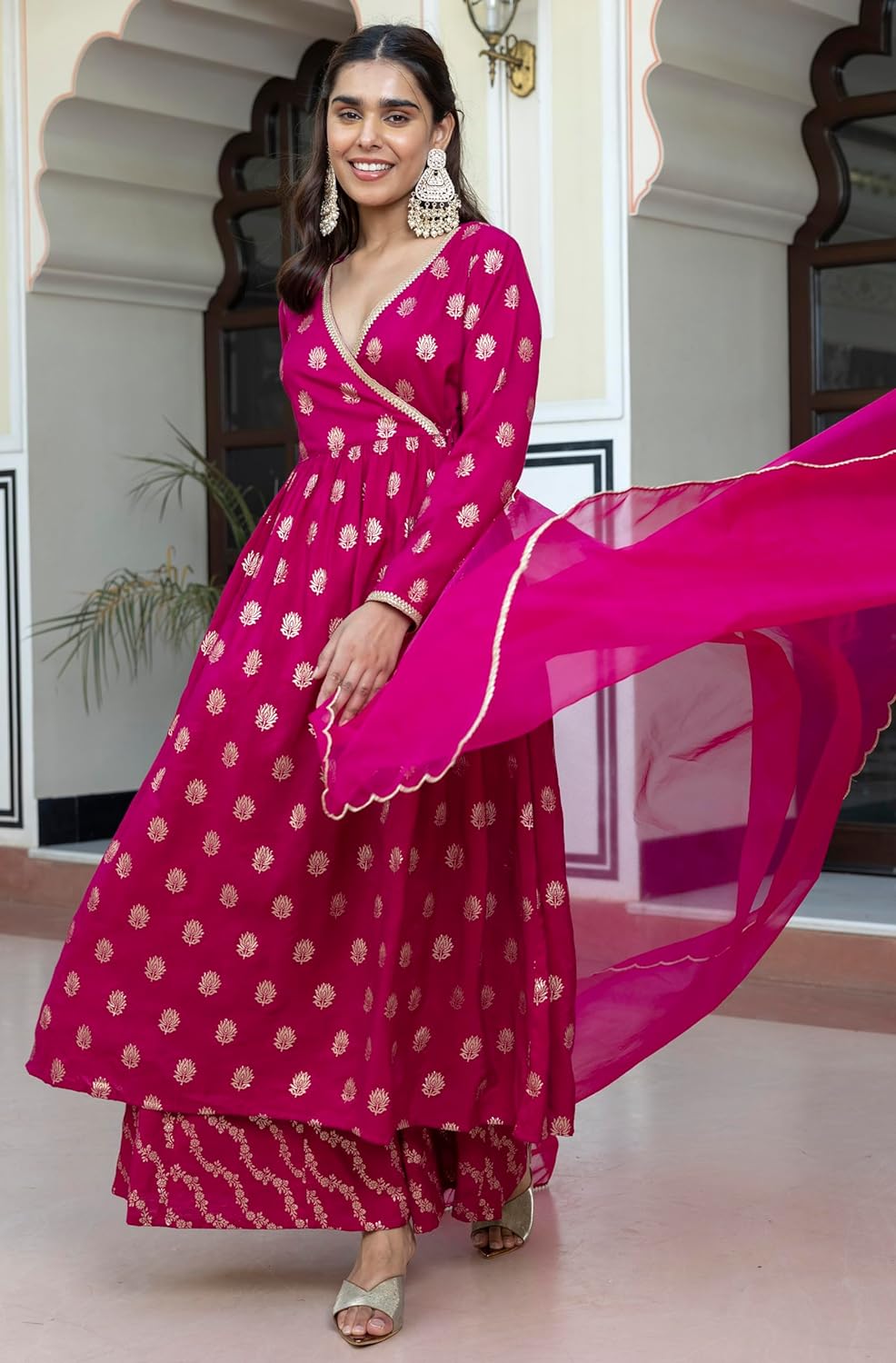 Janasya Women's Pink Brocade Woven Design Kurta with Palazzo and Dupatta