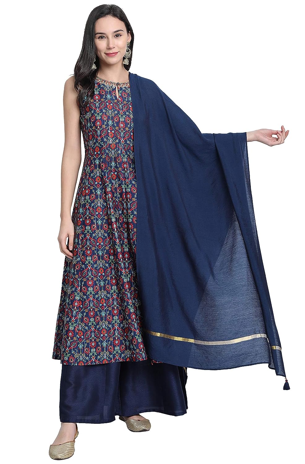 Janasya Women's Blue Poly Muslin Embroidered Kurta with Palazzo and Dupatta