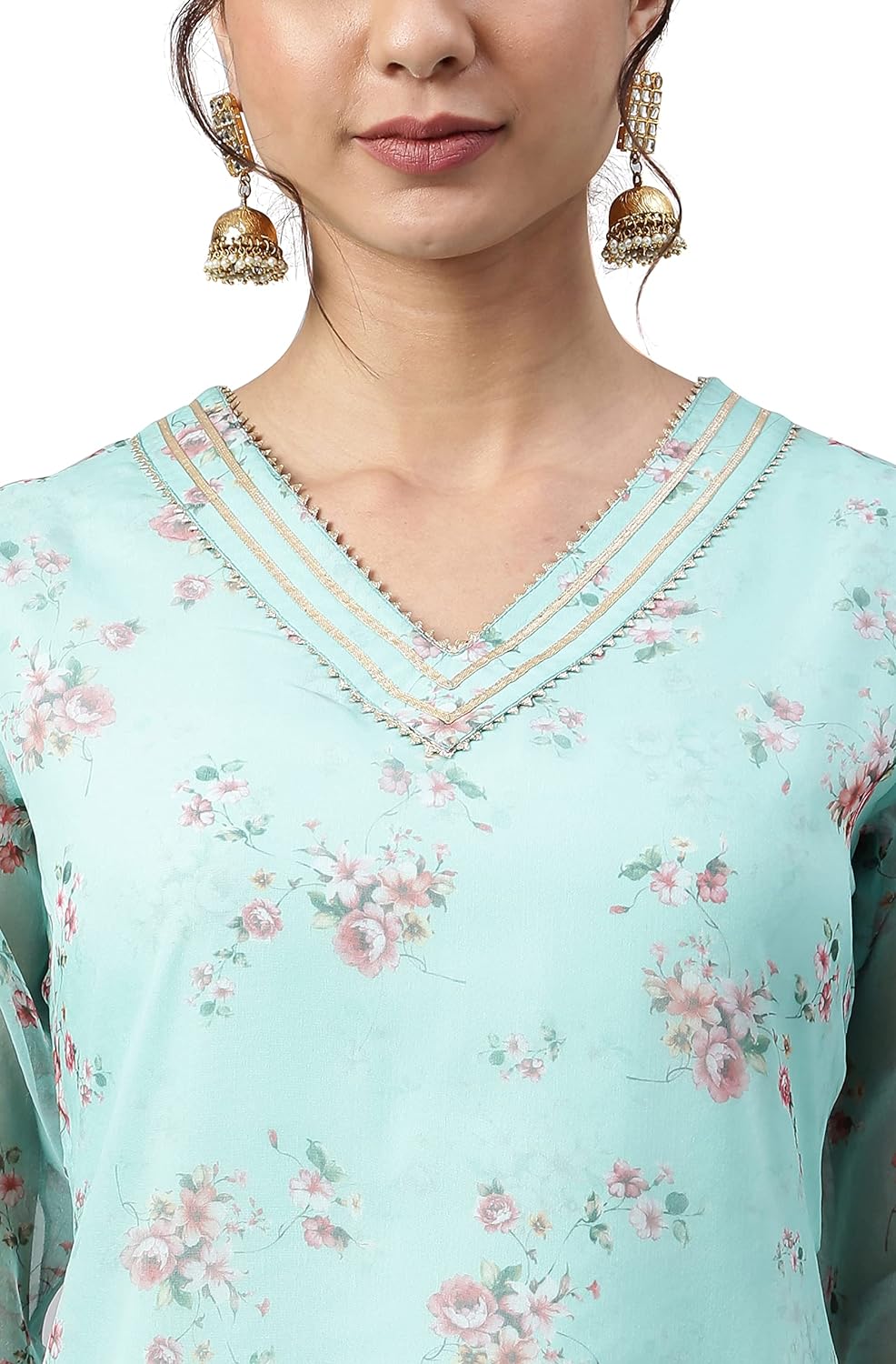 Janasya Women's Sea Green Organza Floral Print Kurta with Pant