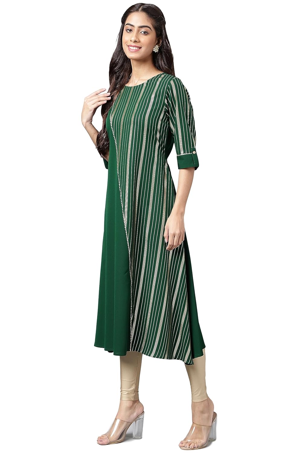 Janasya Women's Dark Green Crepe Foil Printed A-Line Kurta