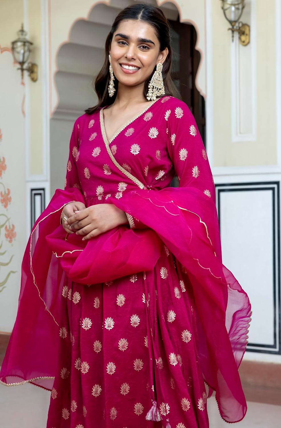 Janasya Women's Pink Brocade Woven Design Kurta with Palazzo and Dupatta