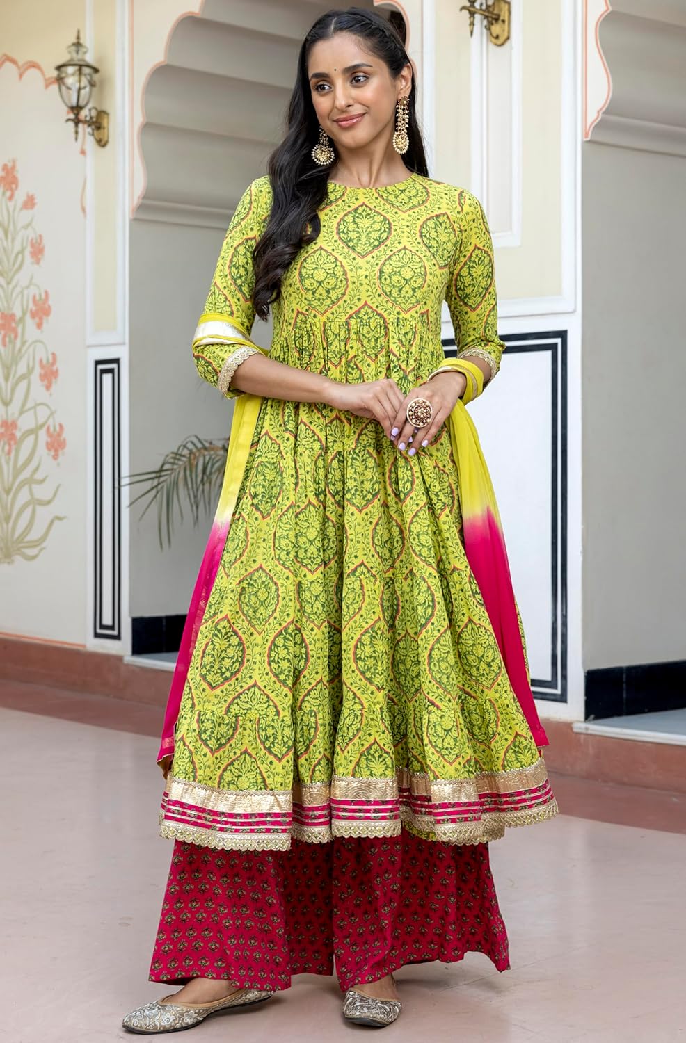 Janasya Women's Lime Green Cotton Embellished Floral Printed Kurta with Flared Palazzo and Dupatta