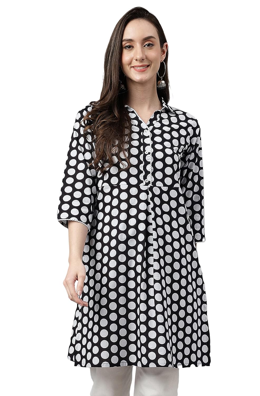 Janasya Women's Black Cotton Polka Print A-Line Tunic