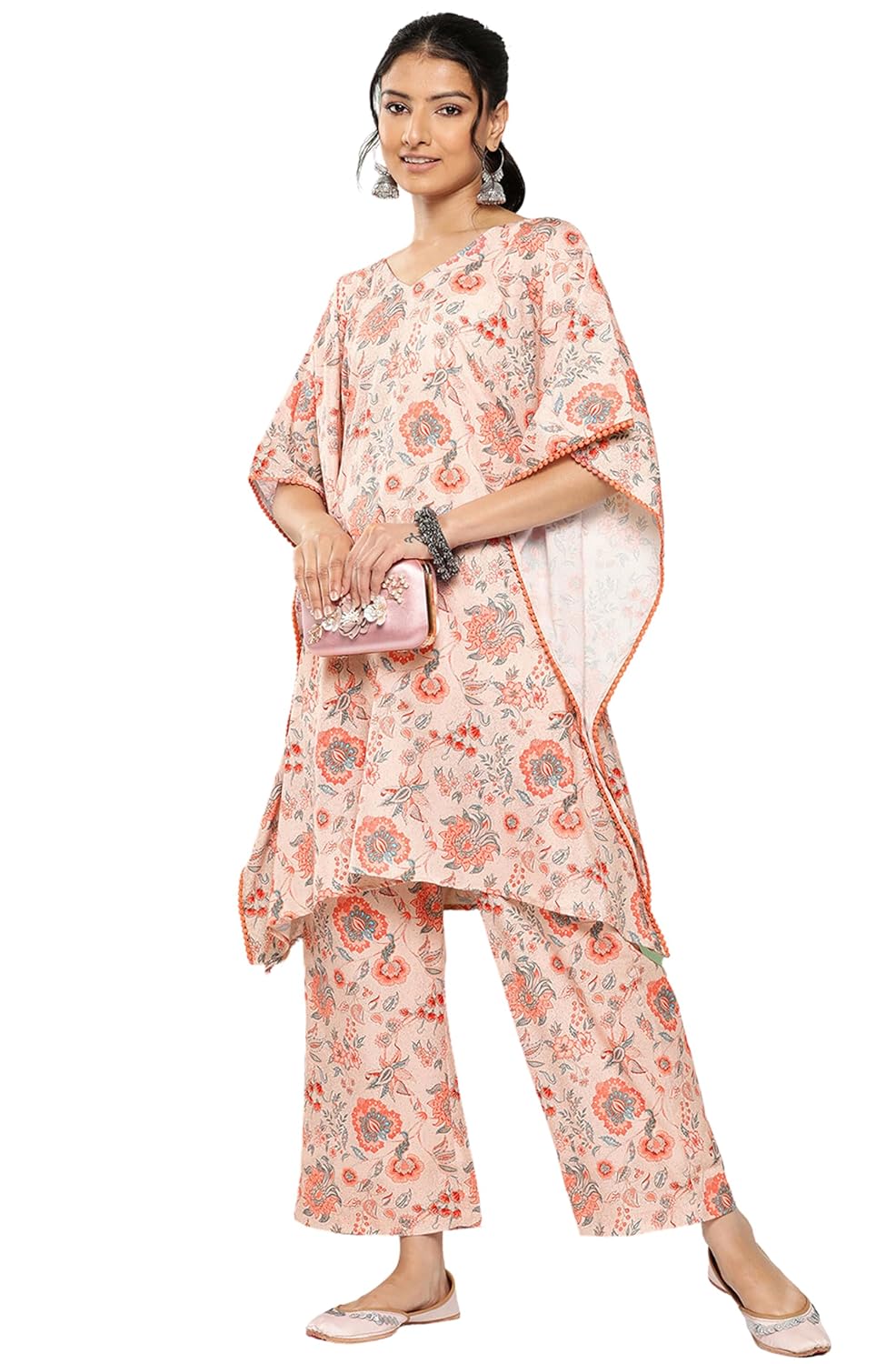 Janasya Women's Peach Crepe Digital Printed Co-ords Set