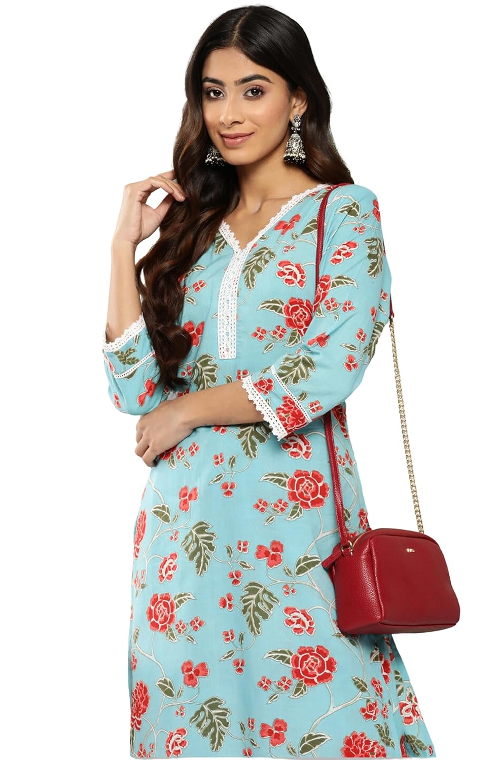 Janasya Women's Sky Blue Cotton Floral Printed Co-ords Set