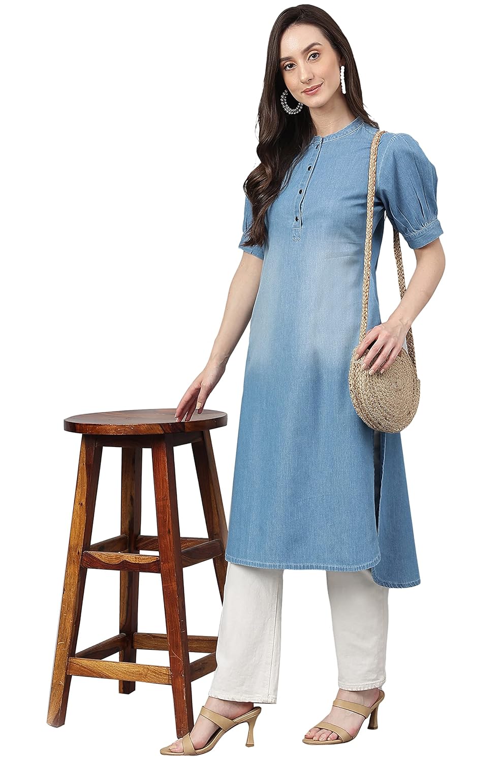 Janasya Women's Light Blue Denim Solid High Low Kurta