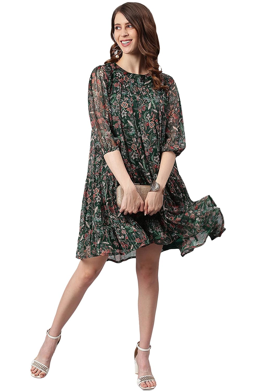 Janasya Women's Green Poly Georgette Floral Flared Midi Dress
