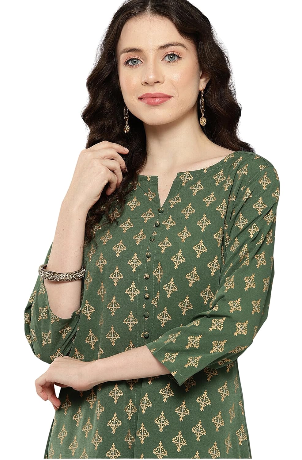 Janasya Women's Green Crepe Foil Printed Kurta with Pant
