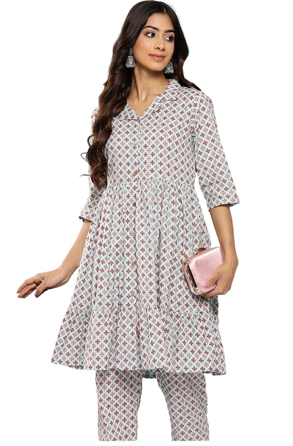 Janasya Women's Sky Blue Cotton Ethnic Motifs Co-ords Set