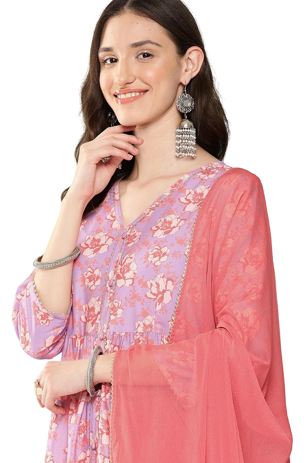 Janasya Women's Lavender Moss Digital Floral Printed Kurta with Pant and Dupatta