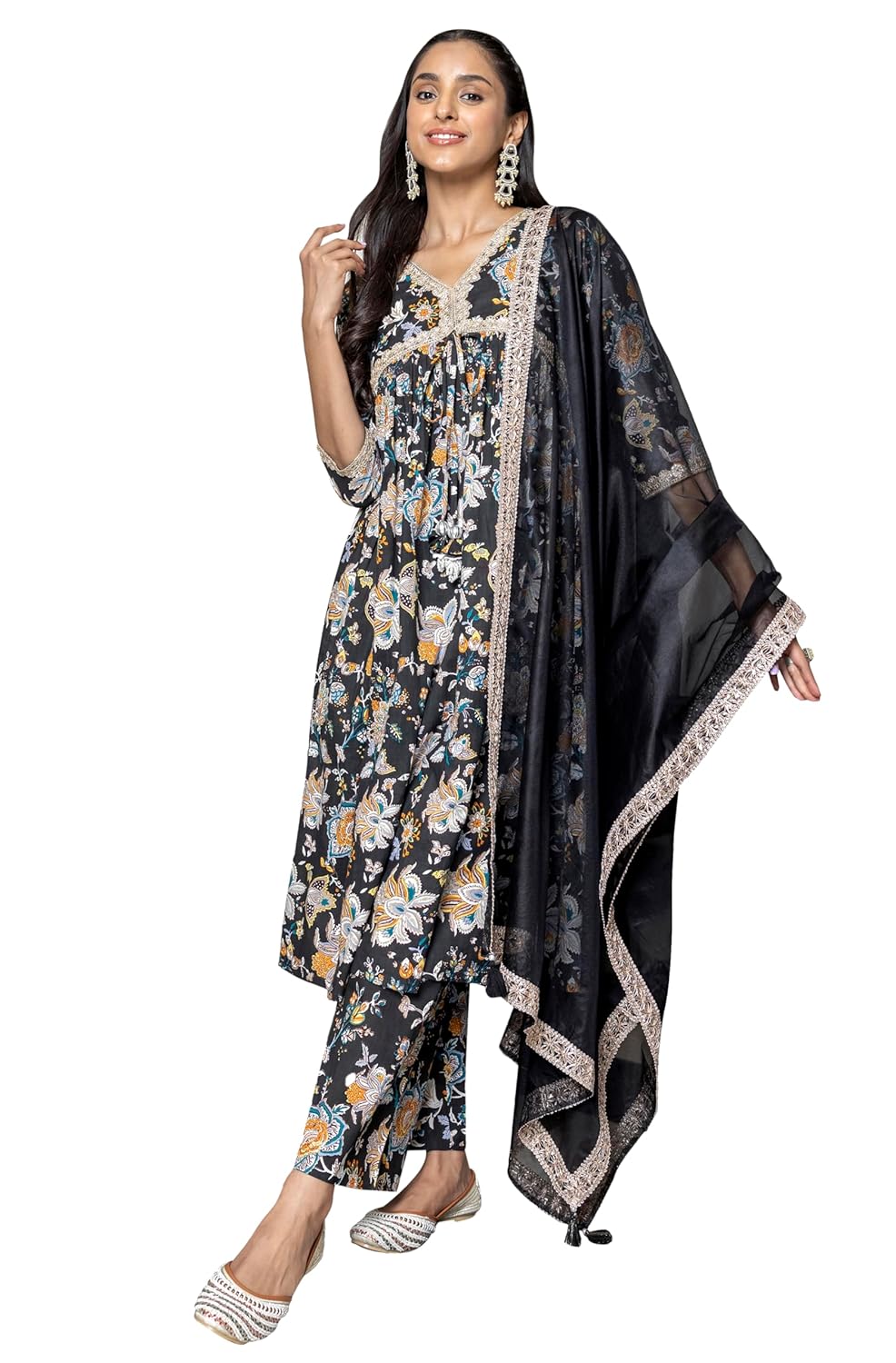 Janasya Women's Black Cotton Embellished Kurta with Palazzo and Dupatta