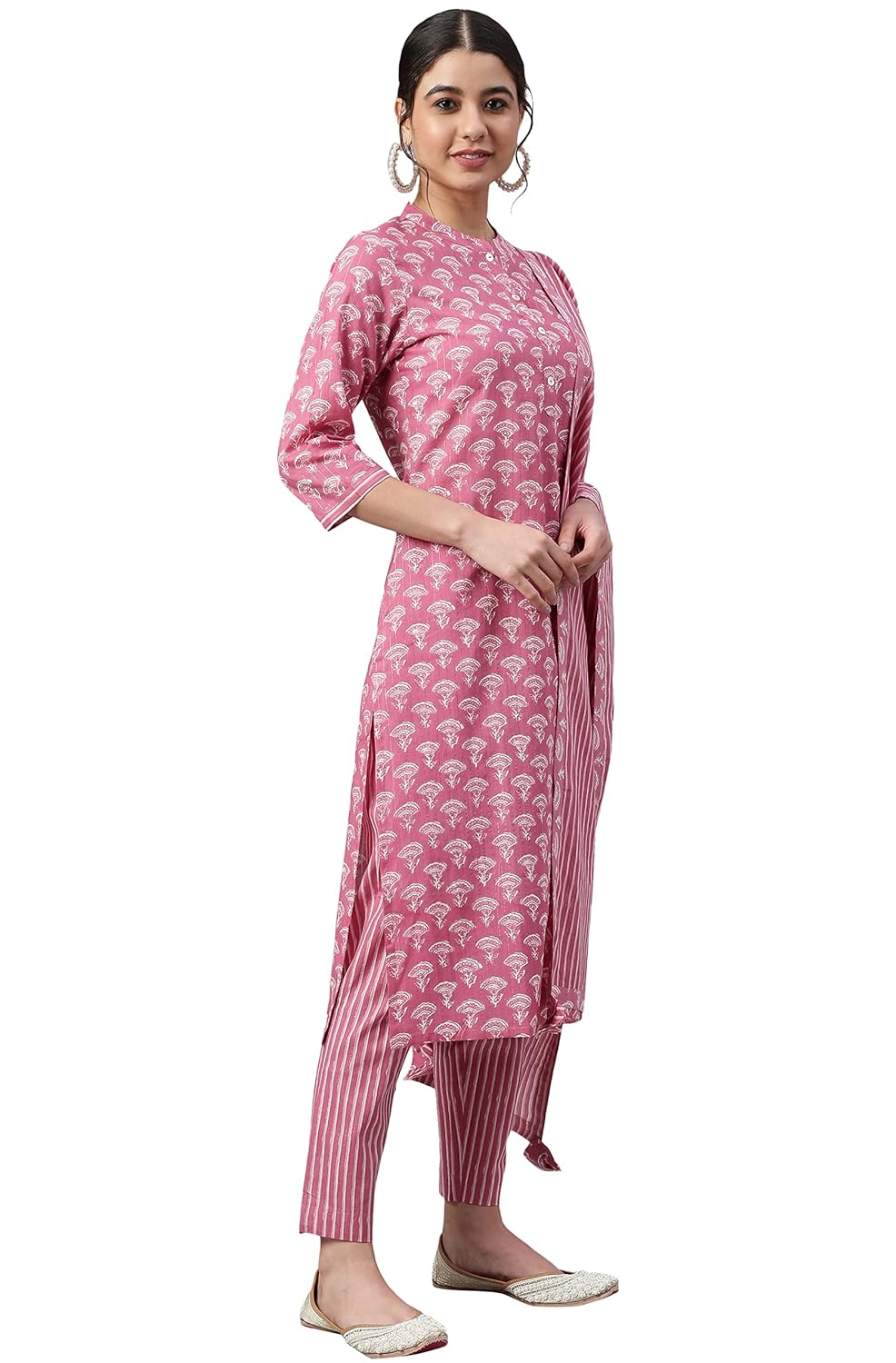 Janasya Women's Mauve Cotton Floral Print Kurta with Pant and Dupatta