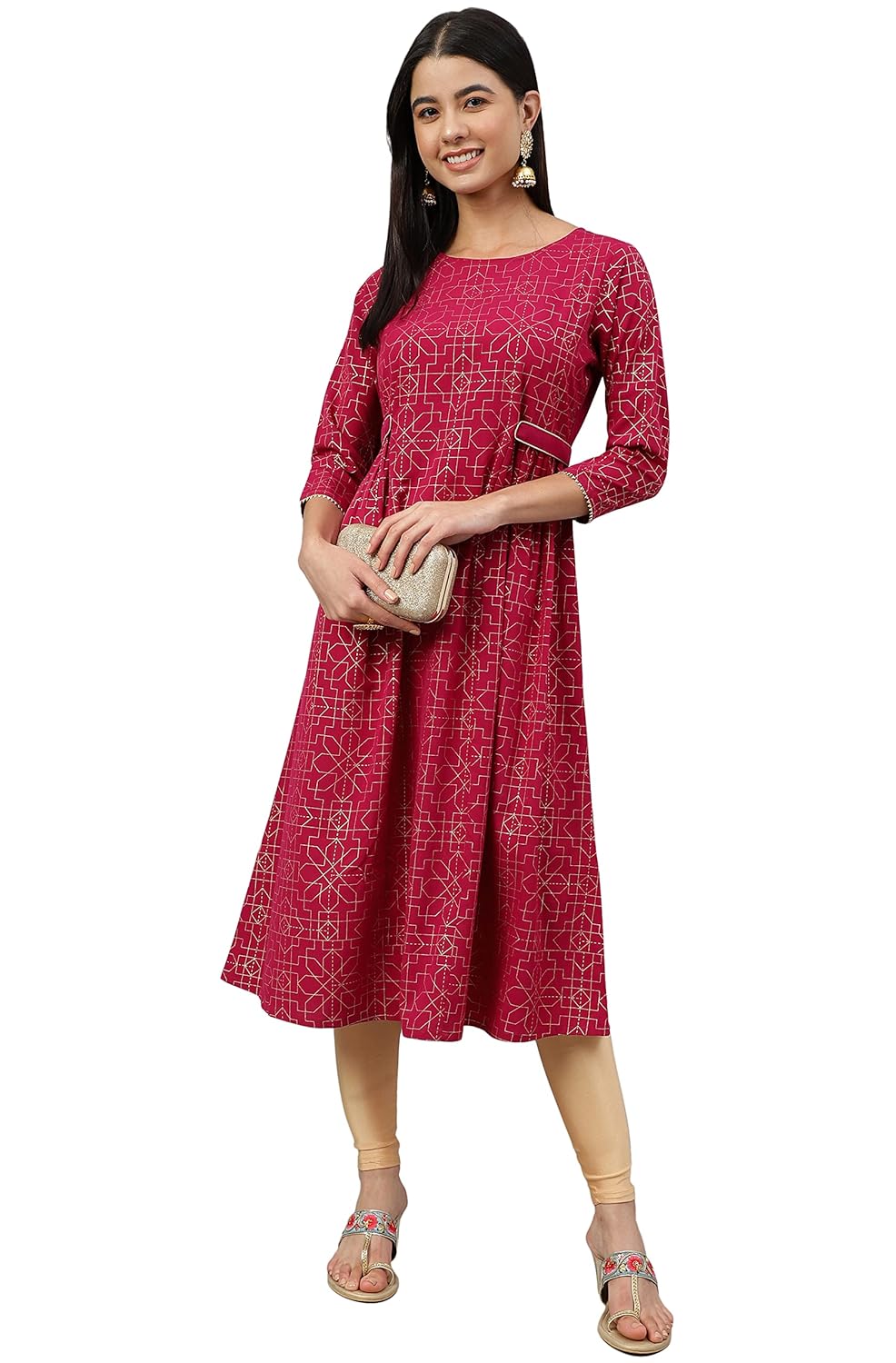 Janasya Women's Wine Poly Crepe Foil Print Flared Kurta