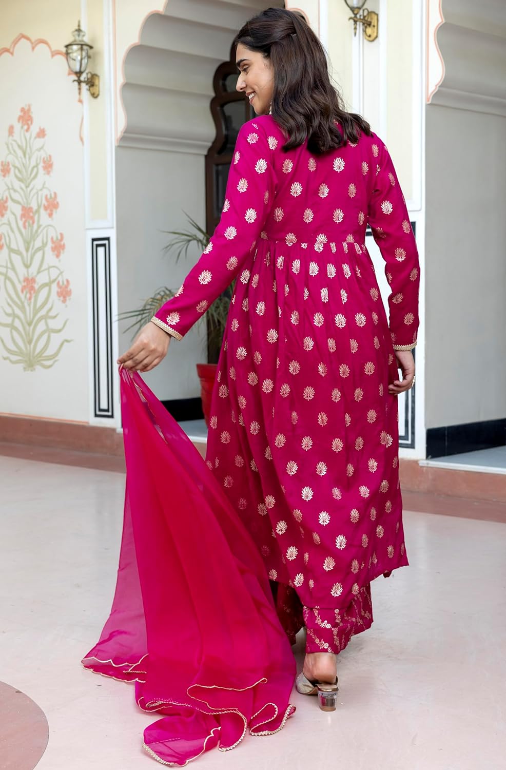 Janasya Women's Pink Brocade Woven Design Kurta with Palazzo and Dupatta