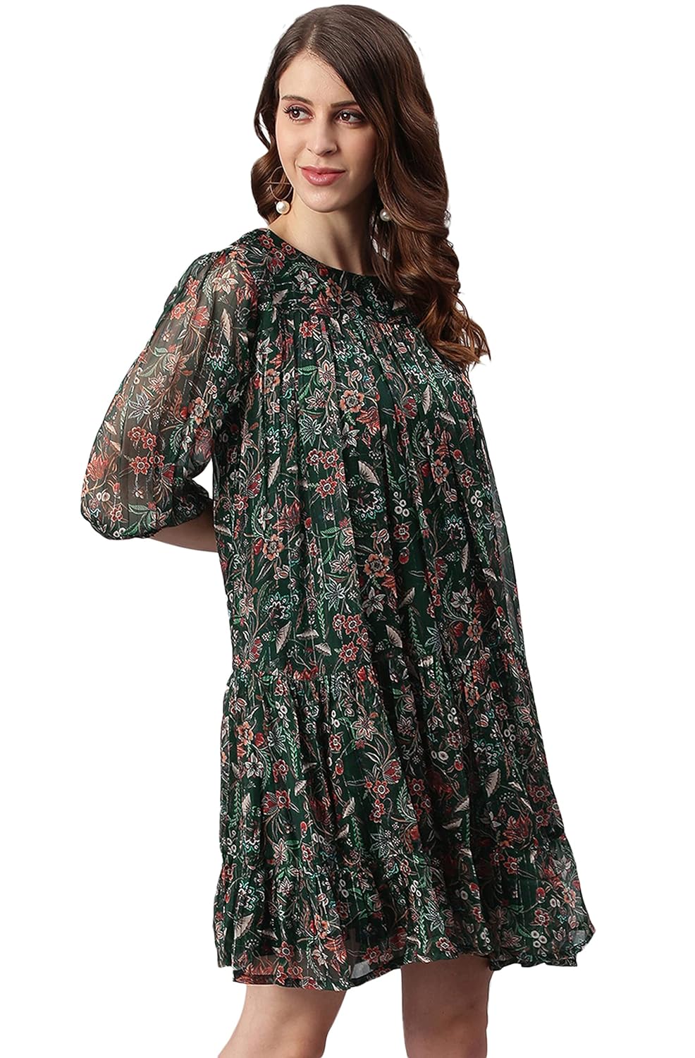 Janasya Women's Green Poly Georgette Floral Flared Midi Dress
