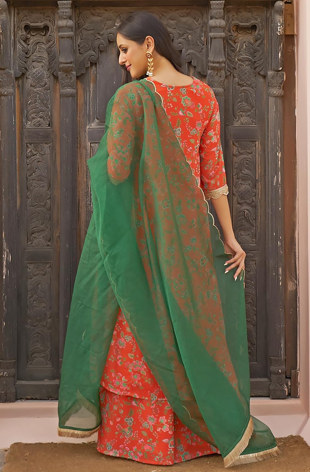 Janasya Women's Orange Georgette Botanical Printed Kurta with Palazzo and Dupatta